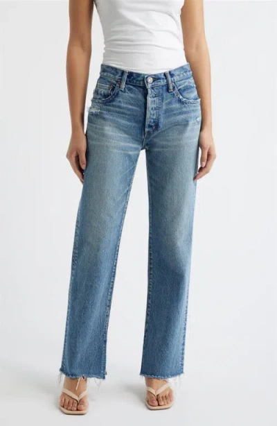 Moussy Vintage Foster Distressed Raw Hem Straight Leg Jeans In Blue