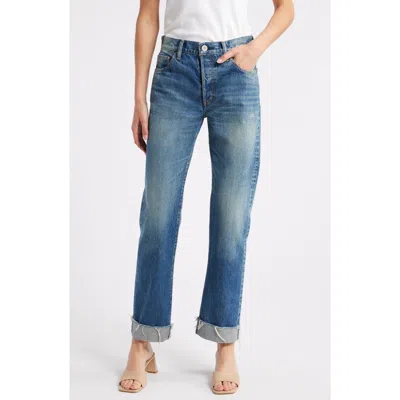 Moussy Vintage Hopewell High Waist Cuffed Raw Hem Straight Leg Jeans In Blue