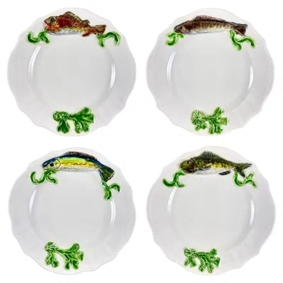 Pre-owned Moustiers Midcentury French Provençal Hand Potted Paulette Quinson Fish Plates, Set Of 4 In Gray
