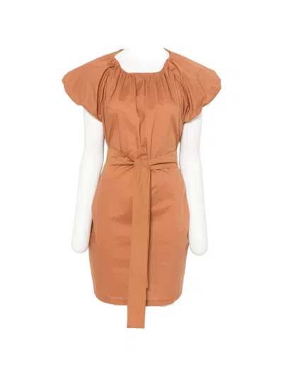 Moutaki Belted Puff-sleeve Mini Dress In Brown
