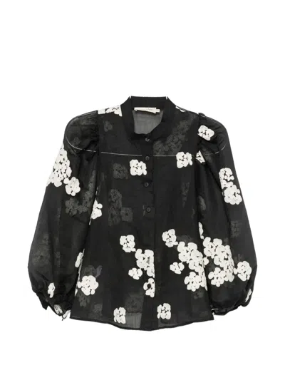 Moutaki Floral-embroidered Puff-sleeve Shirt In Black