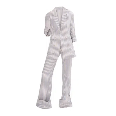 Mov Blue / White Striped Linen Suit. Blazer With Flared Pants - Blue In Blue/white