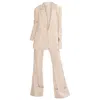 Mov White / Brown Striped Linen Suit. Blazer With Flared Pants - Beige In White/brown