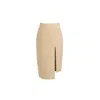 Mov Women's Neutrals Asymmetrical Pencil Skirt - Ivory Vegan Leather With Side Slit And Lined Interior In Neutral
