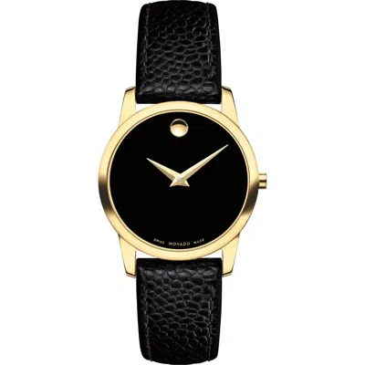 Pre-owned Movado 0607016 Museum Classic Black Dial Black Leather Ladies Watch