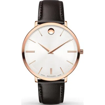 Pre-owned Movado 0607093 Ladies Ultra Slim Silver Dial Brown Leather Watch