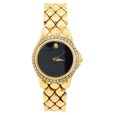 Pre-owned Movado 14k Yellow Gold Watch, 18mm Black Dial, Diamond Bezel, Quartz Movement