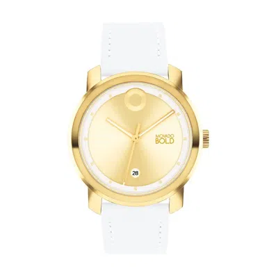 Pre-owned Movado 3600995 Trend Propel Gold Dial White Leather Strap Womens Watch