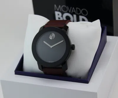 Pre-owned Movado Authentic  Bold Tr90 Trend Brown Leather Black Men's 3600602 Watch