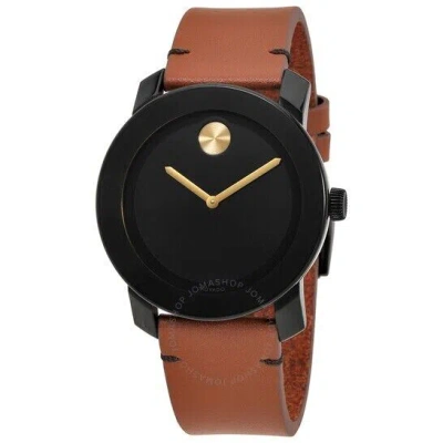 Pre-owned Movado Bold 3600305 Black Museum Dial Brown Leather Band Mens Watch