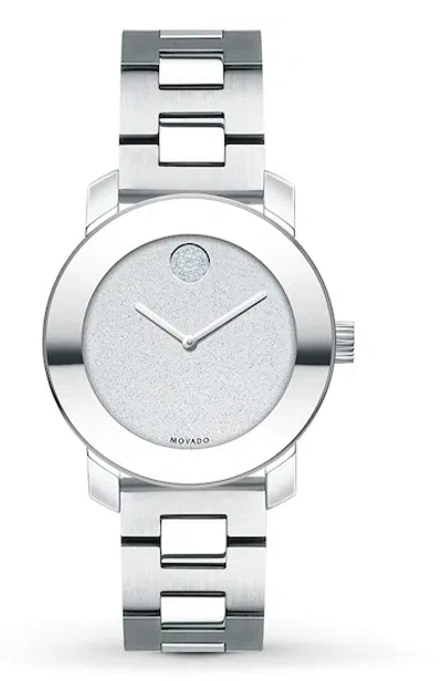 Pre-owned Movado Bold 3600534 White Crystal Sunburst Dial Ceramic Bracelet Womens Watch In Silver
