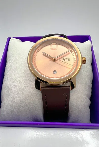 Pre-owned Movado Bold 3600996 Trend Rose Gold Dial Brown Leather Strap Women's Watch