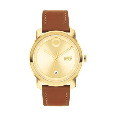 Pre-owned Movado Bold 3600998 Trend Propel Gold Dial Brown Leather Strap Womens Watch