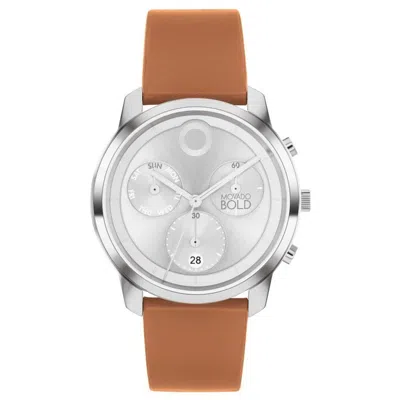 Pre-owned Movado Bold 3601028 Silver Chronograph Dial Brown Leather Strap Men's Watch