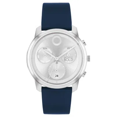 Pre-owned Movado Bold 3601030 Trend Silver Chronograph Dial Blue Leather Strap Mens Watch