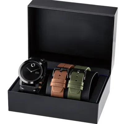 Pre-owned Movado Bold 3601054 Black Dial Black/brown/green Leather Strap Mens Watch Set