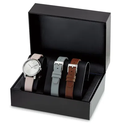Pre-owned Movado Bold 3601241 Silver Dial Pink/grey/brown Leather Strap Womens Watch Set