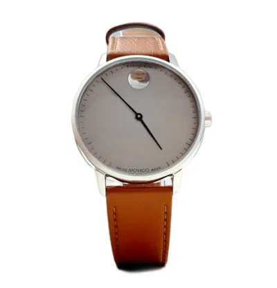 Pre-owned Movado Bold 3640100 Grey Dial Brown Leather Strap Mens Watch