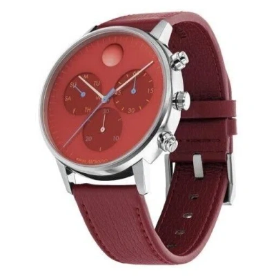 Pre-owned Movado Bold 3640102 Red Chronograph Dial Red Leather Strap Mens Watch