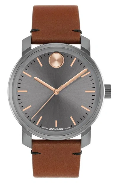 Movado Bold Access Leather Strap Watch, 41mm In Gray