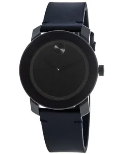 Pre-owned Movado Bold Black Dial Navy Leather Strap Men's Watch 3600583