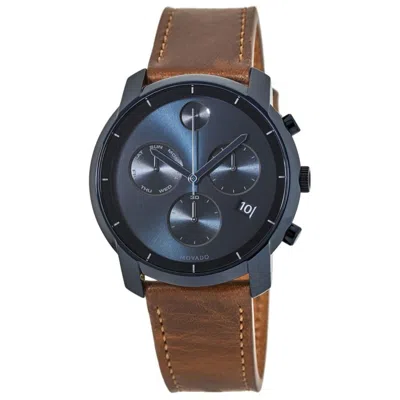 Movado Bold Blue Chronograph Dial Cognac Brown Leather Strap Men's Watch 3600476