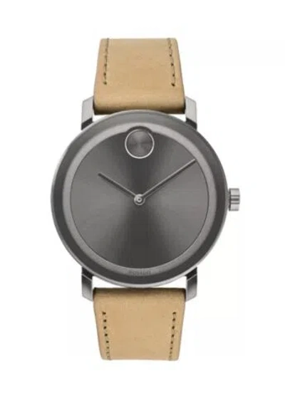 Pre-owned Movado Brand  Bold Men's Gray Dial Tan Leather Strap 40mm Watch 3600521
