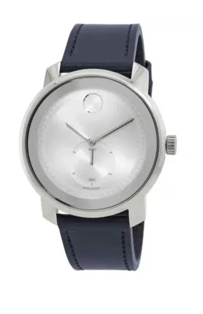 Pre-owned Movado Brand  Bold Men's Silver Dial Navy Blue Leather Strap Watch 3600769