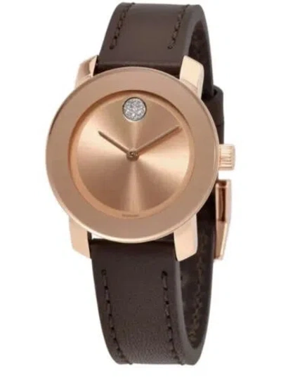 Pre-owned Movado Brand  Bold Women's Rose Gold Brown Leather Strap Watch 3600438