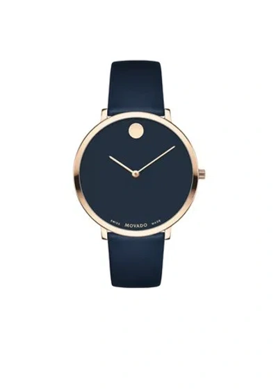 Pre-owned Movado Brand  Modern 47 Women's Navy Dial Navy Leather Strap Watch 0607390