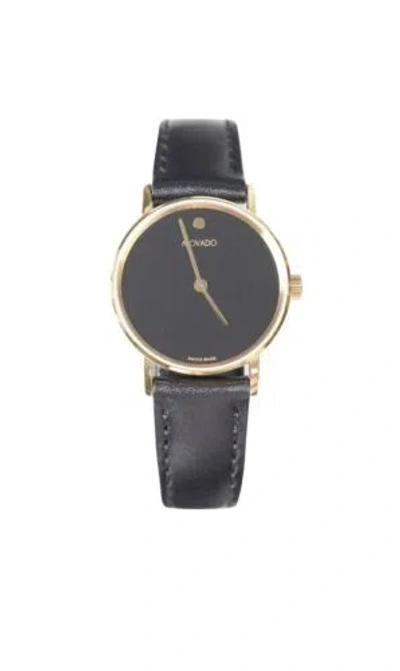 Pre-owned Movado Brand  Signature Women's Yellow Gold Black Leather Strap Watch 0607599
