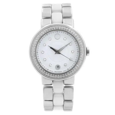 Pre-owned Movado Cerena White Ceramic Steel Diamond Bezel Quartz Ladies Watch 0606625
