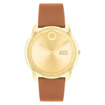 Pre-owned Movado Gold Dial Brown Leather Strap 40mm Quartz Watch