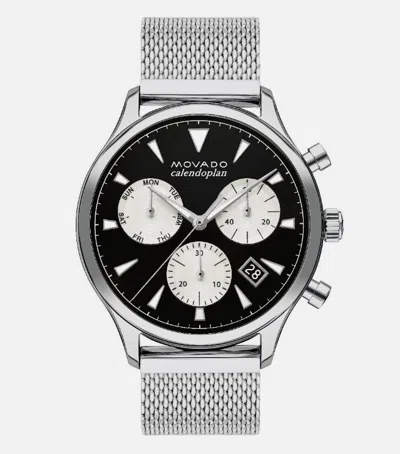 Pre-owned Movado Heritage Calendoplan 3650097 Black Dial Stainless Mesh Watch 43 Mm