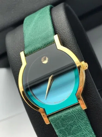 Pre-owned Movado Limited Edition Ladies Gold Tone Museum Green Dial Leather Strap 0603191