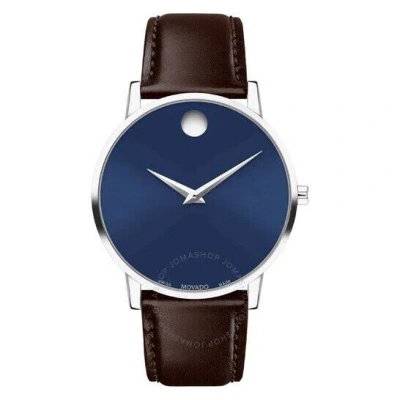 Pre-owned Movado Men's Classic Museum Blue Dial Brown Leather Watch