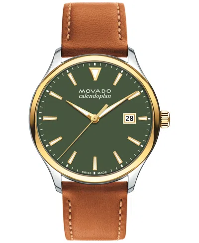 Movado Men's Swiss Calendoplan Cognac Brown Leather Strap Watch 40mm