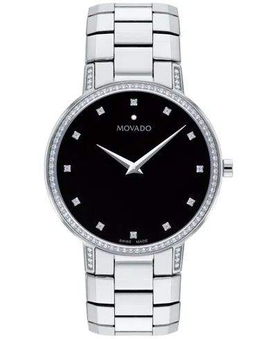 Movado Men's Swiss Faceto Diamond (3/8 Ct. T.w.) Stainless Steel Bracelet Watch 39mm In Black