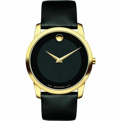 Pre-owned Movado Museum 0606876 Gold-tone Men's Watch With Black Leather Band