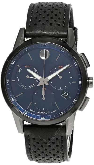 Pre-owned Movado Museum 43mm Ss Blue Dial Black Leather Men's Watch 0607475