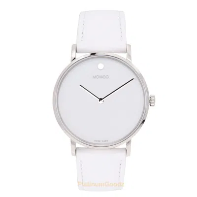 Pre-owned Movado Museum Signature Men's White Dial White Leather Strap Swiss Watch