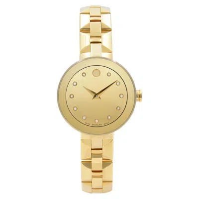 Pre-owned Movado Sapphire Steel Gold Pvd Champagne Dial Quartz Ladies Watch 0606816 In Blue