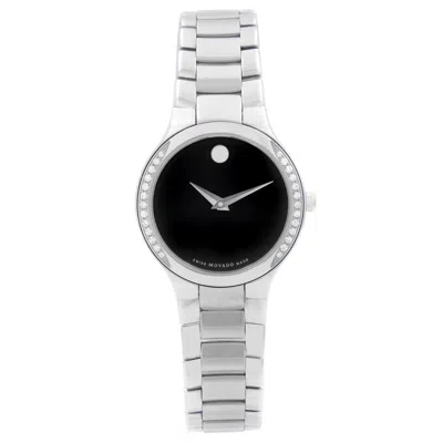 Pre-owned Movado Serio Steel Diamond Bezel Black Dial Quartz Ladies Watch 0606385
