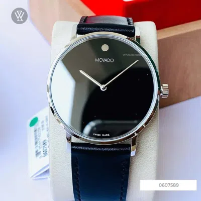 Pre-owned Movado Signature Men's Black Dial Black Leather Swiss 40mm Watch