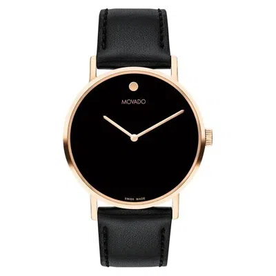 Pre-owned Movado Signature Quartz Rose Gold Case W/ Black Leather Band Men's Watch 0607742