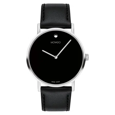 Pre-owned Movado Signature Quartz Silver Case W/ Black Leather Band Men's Watch 0607589