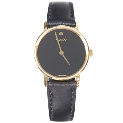 Pre-owned Movado Signature Women's Gold Slim Black Leather Strap Swiss Watch