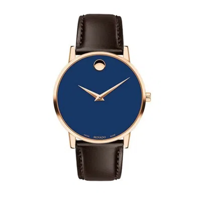 Pre-owned Movado Swiss Men's Museum Classic Pvd Gold Blue Dial Brown Strap Watch