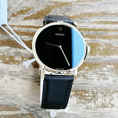 Pre-owned Movado Swiss Museum Classic Black Dial Men's Gold Slim Leather Strap Watch