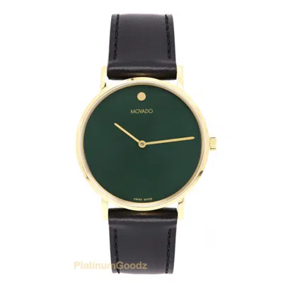 Pre-owned Movado Swiss Museum Classic Green Dial Men's Gold Slim Leather Strap Watch
